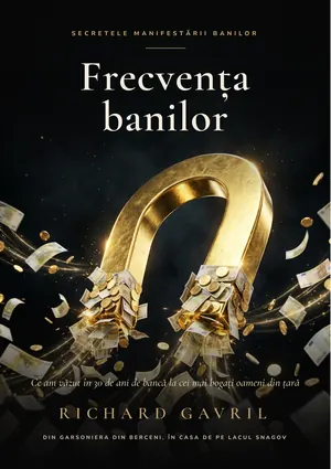 Coperta cărții „Frecvența banilor” de Richard Gavril: un magnet auriu care atrage bani, pe fundal negru